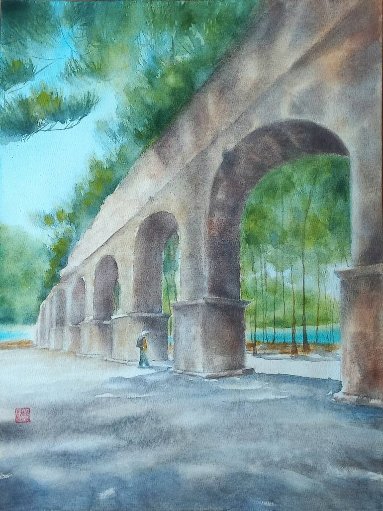 Original Architecture Painting by Anastasia Beytuzun | Impressionism Art on Paper | Ancient Aqueduct at Phaselis, Antalya Anatolian Antiquities