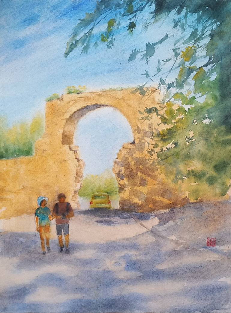 Original Architecture Painting by Anastasia Beytuzun | Antique Art on Paper | The Roman Portal of Side. Anatolian Antiquities