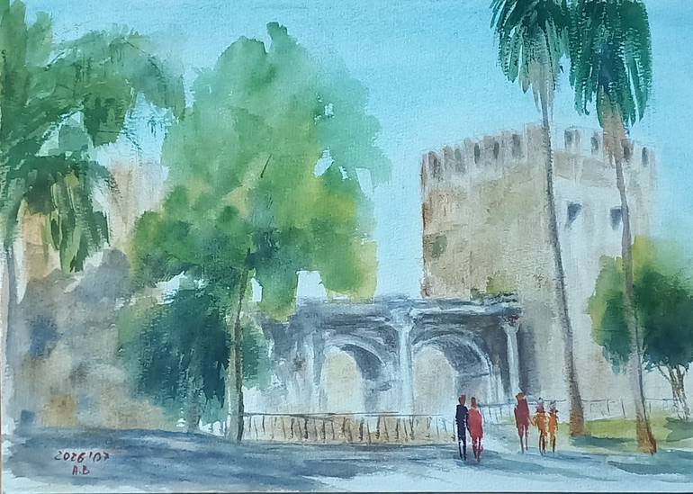 Original Architecture Painting by Anastasia Beytuzun | Impressionism Art on Paper | Mediterranean Plein Air Sketches:No.3 Sunny Day at Hadrian's Gate