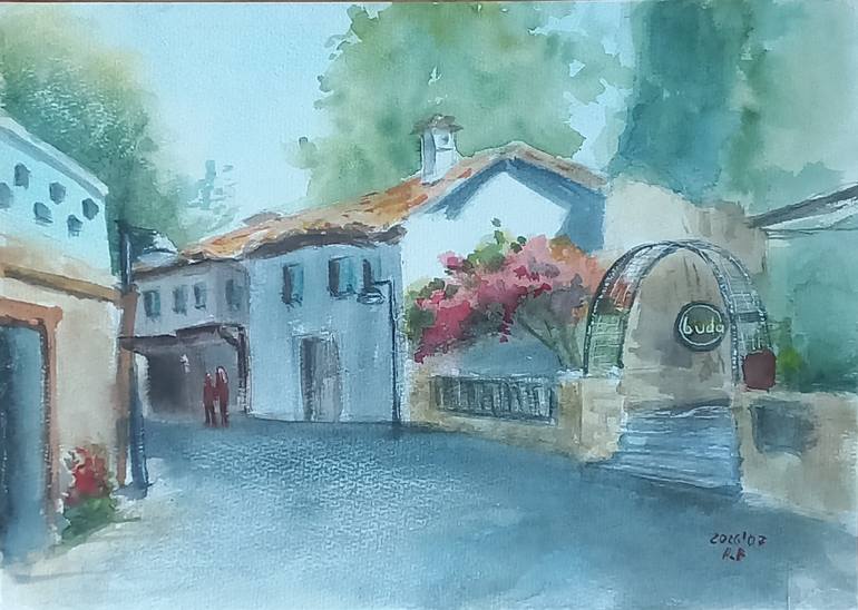 Original Architecture Painting by Anastasia Beytuzun | Impressionism Art on Paper | Mediterranean Plein Air Sketches:No. 4 Buda Courtyard in Kaleici