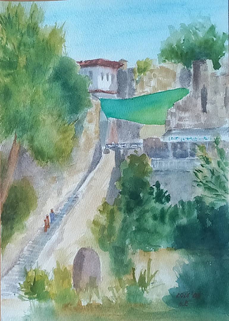 Original Architecture Painting by Anastasia Beytuzun | Impressionism Art on Paper | Mediterranean Plein Air Sketches:No 5 Old Town Stairs to the Port