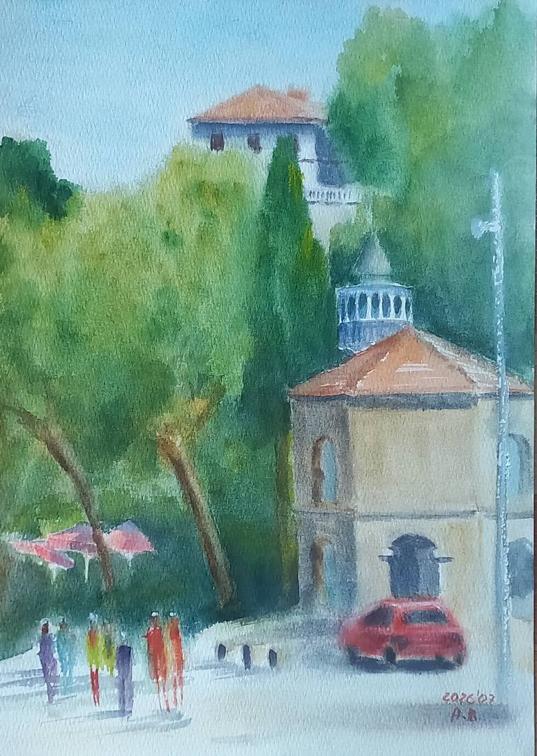 Original Architecture Painting by Anastasia Beytuzun | Impressionism Art on Paper | Mediterranean Plein Air Sketches: No. 6 Iskele Mosque at Old Port