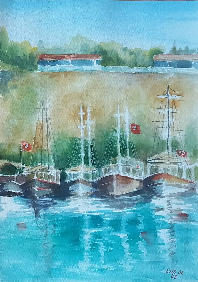Original Architecture Painting by Anastasia Beytuzun | Impressionism Art on Paper | Mediterranean Plein Air Sketches: No. 7 Old Harbor Marina Boats