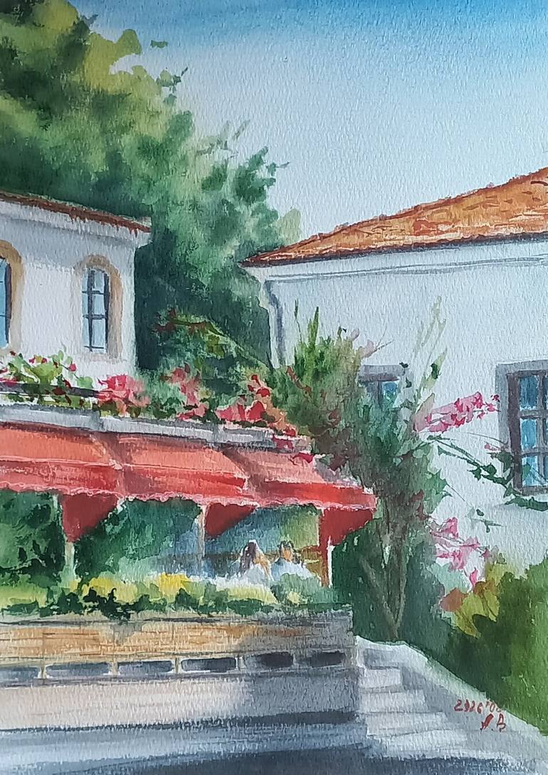 Original Architecture Painting by Anastasia Beytuzun | Impressionism Art on Paper | Mediterranean plein air sketch No 8 Liman Cafe Old Town Antalya
