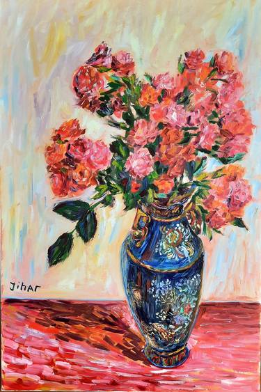 Bouquet of roses in a cobalt vase thumb