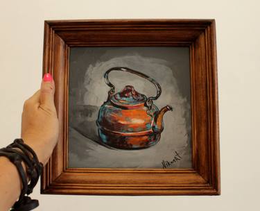 Antique Bronze Teapot Original Acrylic Painting. thumb