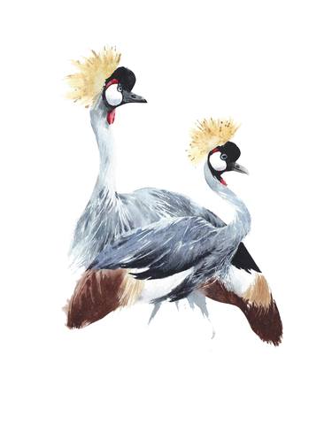 Original watercolor artwork crowned cranes birds couple portrait 11x14" thumb