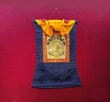 Wheel of Life Thanka with Blue Silk Brocade Handpainted in Natural Colors thumb