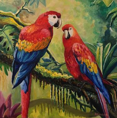 Parrots, couple of tropical birds, modern thumb