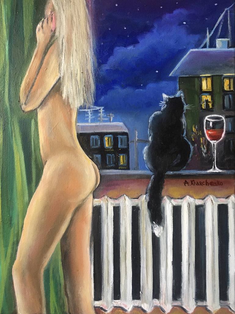 Night stories, black cat and naked woman at the window, modern Painting by  Anastasiya Kharchenko | Saatchi Art