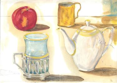 sketch of apple, glass and tea pot thumb