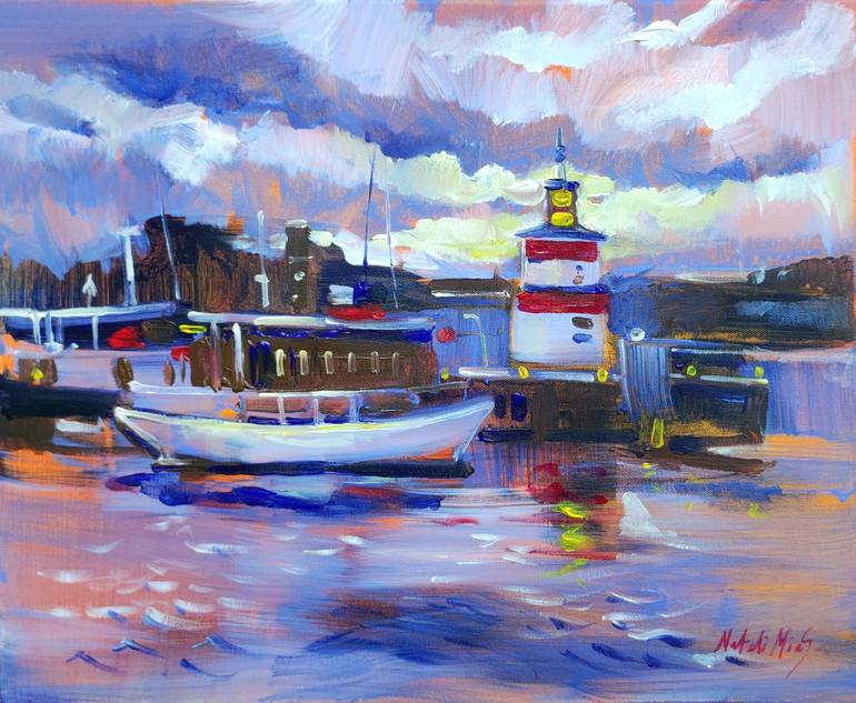 Original Landscape Painting by Natalya Myasnikova | Impressionism Art on Canvas | Sunset in the Harbor