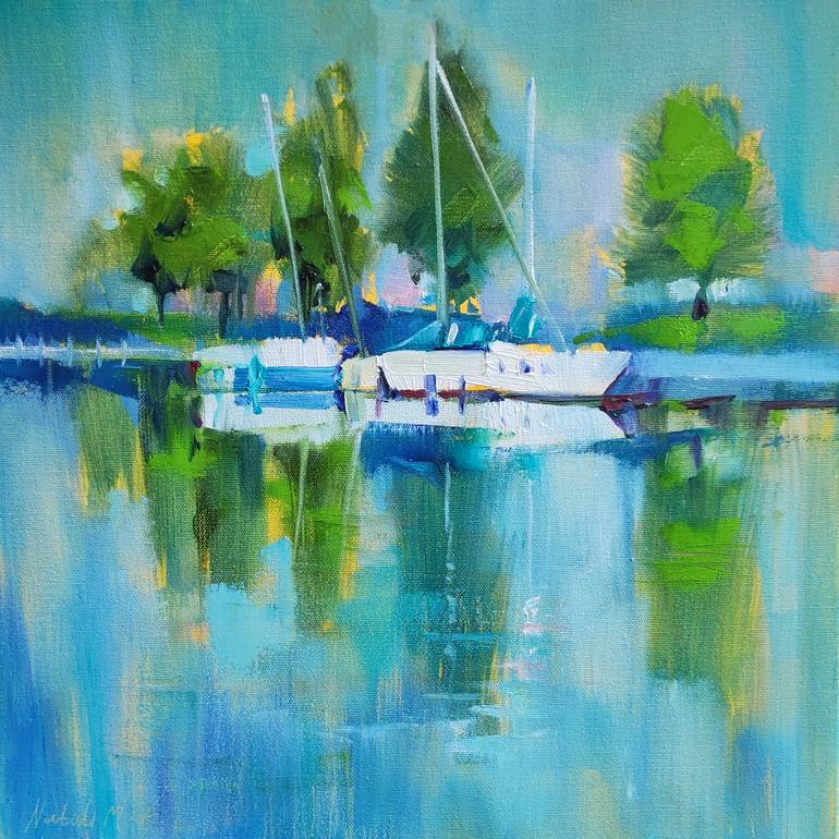 Original Landscape Painting by Natalya Myasnikova | Impressionism Art on Canvas | Yachts on the Lake -- Original Oil Painting