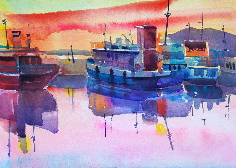Original Landscape Painting by Natalya Myasnikova | Impressionism Art on Paper | Sunset on the Lake -- Watercolor Painting