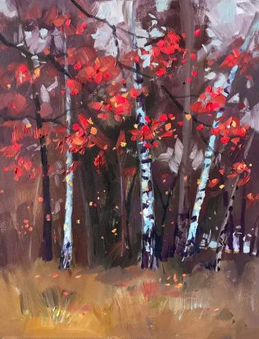 Plein air painting landscape. Fall  birch forest. thumb