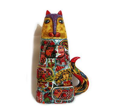 Ceramic sculpture big cat - safe | cupboard with drawers thumb