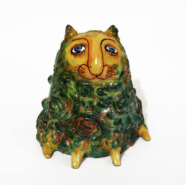 Green malachite cat - ceramic sculpture thumb