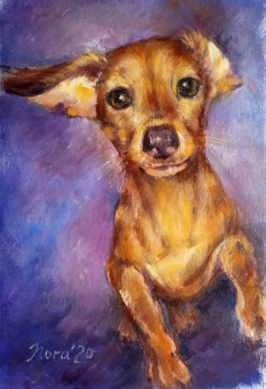 Puppy dachshund dog portrait painting on canvas thumb