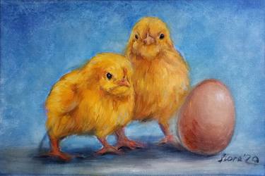 Chickens and Egg tiny oil painting original thumb