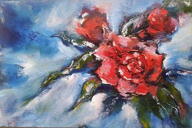 Red roses tiny original oil painting thumb