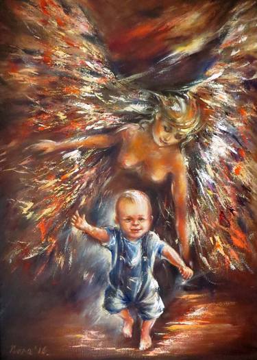 The Guardian Angel original oil painting Mother and Son thumb
