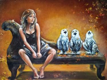 Girl with White Owls original oil painting thumb