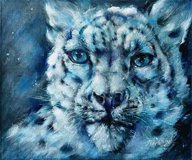 Warmed Blue - Snow Leopard, leopard, 12x12, acrylic, canvas, painting, blue