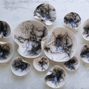 Raku Wall Sculpture, 16 Pieces Set, Black&White Finish, Porcelain