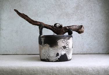 Saatchi Art Artist Natalya Seva; Sculpture, “Handmade Raku Vessel, Beetle Decor, Wooden Handle Jar, Unique Ceramics, One of The Kind Art Object, Crackle Raku Glaze” #art