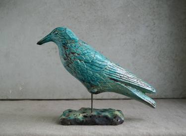 Raku Crow, Ceramic Bird Totem thumb