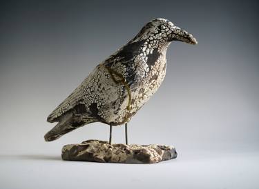 Handmade Raku Crow, Kintsugi, Ceramic Bird Totem thumb