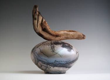 Raku Vessel, Iridescent Raku Arts, Horse Hair Firing, Wood Handle thumb