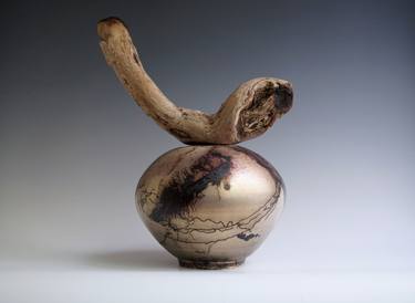Handmade Raku Vessel, Iridescent Raku Arts, Horse Hair Firing, Wooden Handle Jar, Unique Ceramic, One of The Kind Object, Gallery Art Piece thumb