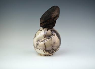 Handmade Raku Vessel, Iridescent Raku Arts, Horse Hair Firing, Drift Wood Handle Jar thumb