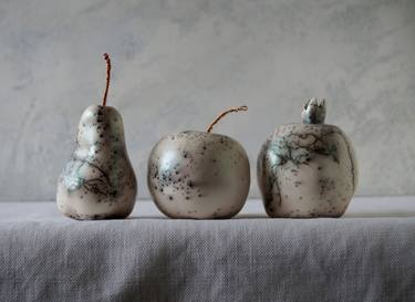 Raku Ceramic Fruit Set, Green Horse Hair, Porcelain Ceramic Arts, Unique Home Decor, Handmade Housewarming Gift thumb