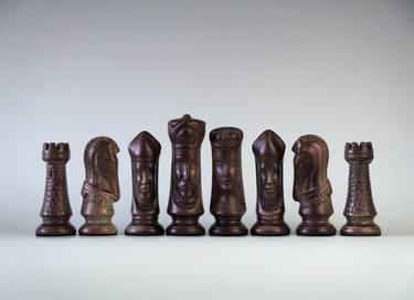 Handmade Raku Chess Set, NO BOARD, Horse Hair Firing, Raku Arts, Complete with 32 Pieces 3" and 4", One of The Kind Art Object Sculpture thumb