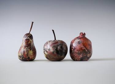 Raku Ceramic Fruit Set, Saggar Raku Pieces, Crackle Glaze, Porcelain Ceramic Arts, Unique Home Decor, Handmade Housewarming Gift thumb