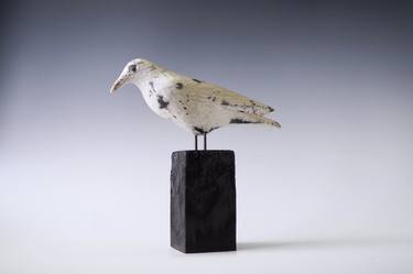 Handmade Raku Crow, Ceramic Bird Totem, Home Decor,White Crackle Raku, Unique Housewarming Gift, Porcelain, Contemporary Art thumb