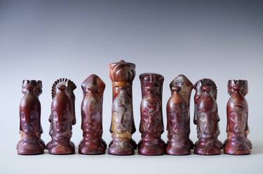 Handmade Raku Chess Full Set, NO BOARD, Saggar Firing/Horse hair Firing, Raku Arts, 16 Pieces, King 8" Pawn 6" thumb
