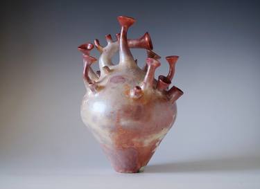 Handmade Saggar Raku Vessel, Heart Vese, Iridescent Porcelain Arts thumb