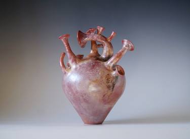 Handmade Saggar Raku Vessel, Heart Vase, Iridescent Porcelain Arts thumb