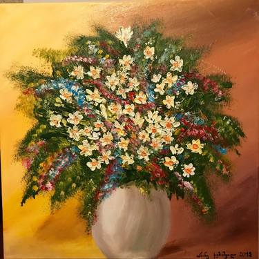 Original large acrylic painting,mountain flowers in the flowers pot.looks impressively in living room,bedroom or office interior. thumb