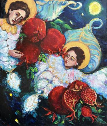 ANGELS IN POMEGRANATE GARDEN LARGE ORIGINAL OIL PAINTING thumb