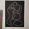 one line drawing of embraced lovers. Black background made with matte acrylic, white lines made with paint-marker