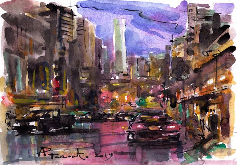 Downtown at night. Toronto. Painting by Alexander Perebatov