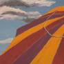 A diptych showing partly an orange and purple beach umbrella and a blue sky.