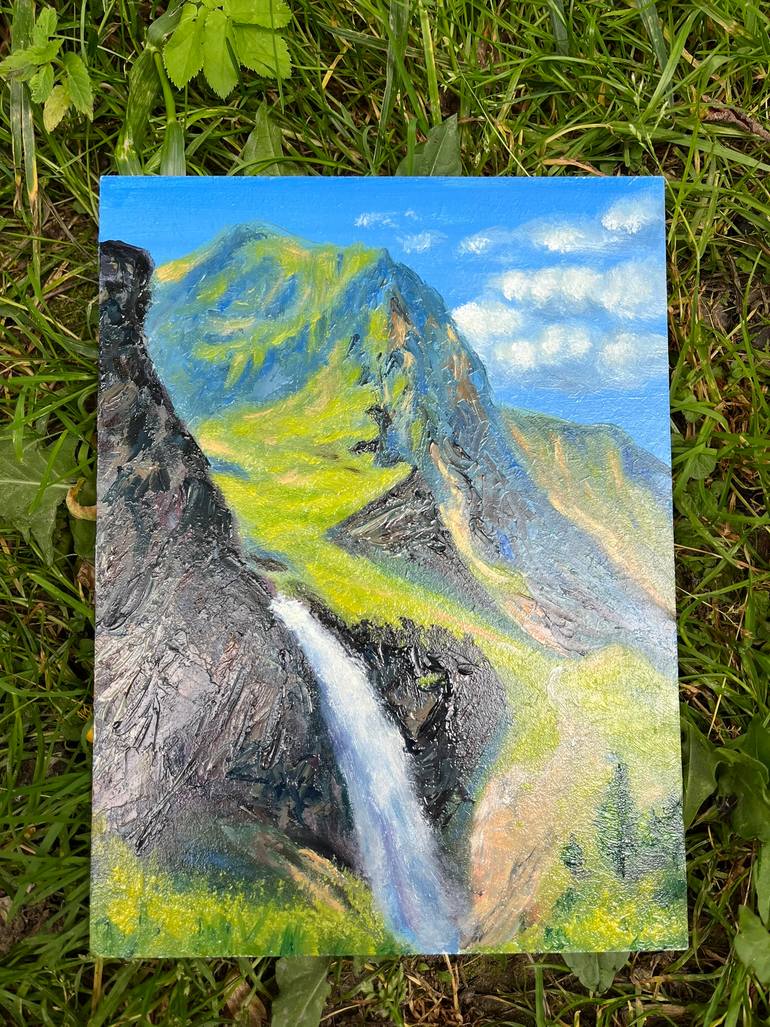 Mountain waterfall, high mountains painted Painting by Stefan