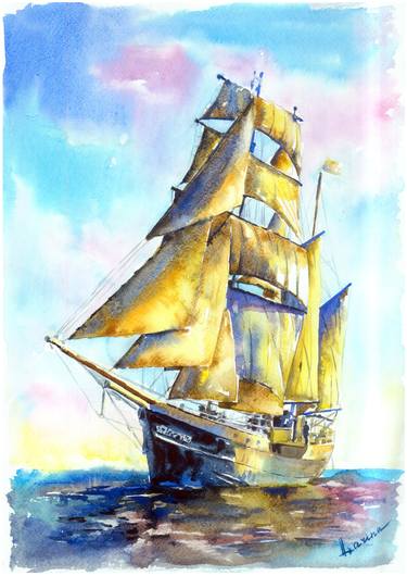 Print of Fine Art Sailboat Paintings by Olga Larina