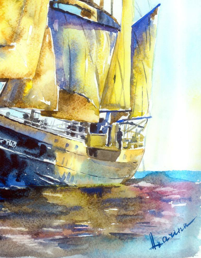Original Fine Art Sailboat Painting by Olga Larina