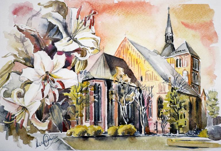 Original Architecture Painting by Olga Larina | Art Deco Art on Paper | Lilies and architecture